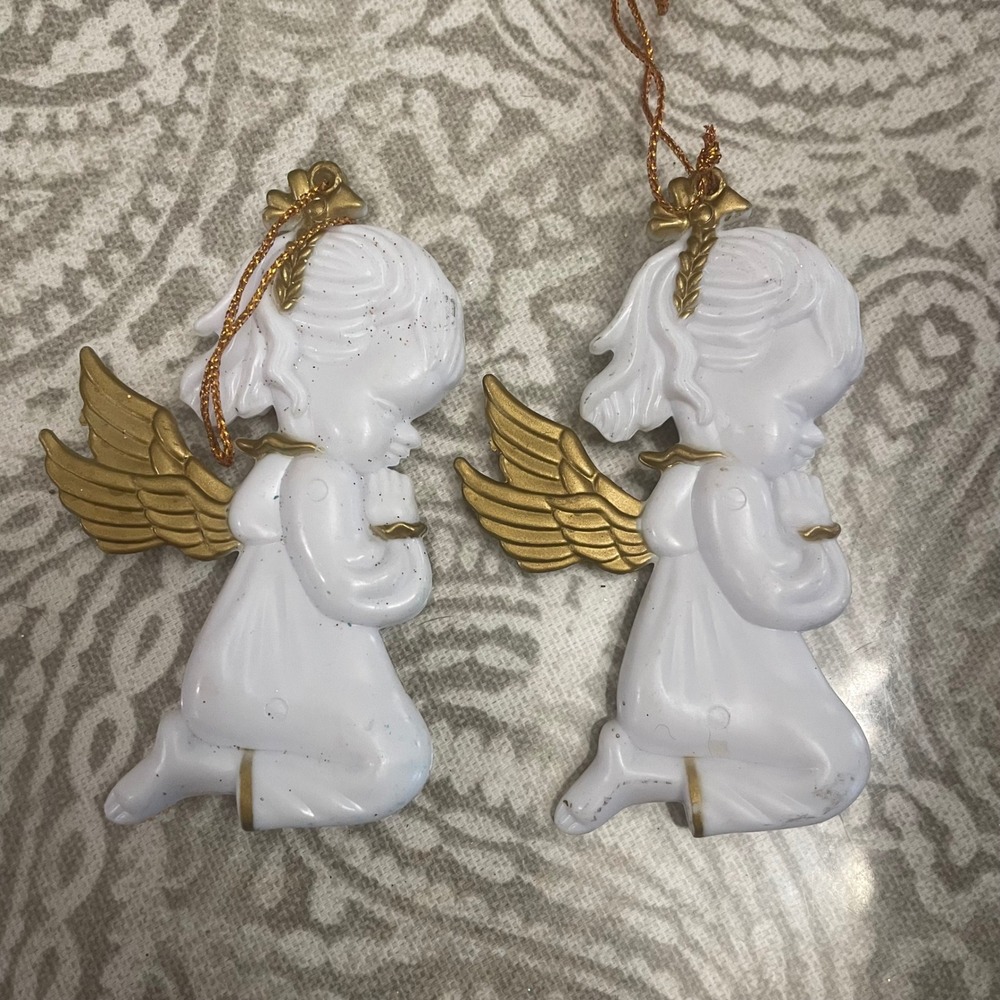 Vintage Set of 2 Kneeling Praying Angel Christmas Ornaments White Gold Plastic